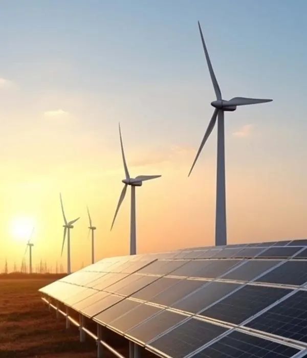 Energia solar e eólica ao entardecer